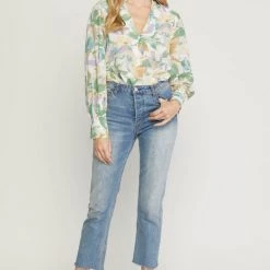 Entro Green Floral Print Surplice Long Sleeve Bodysuit