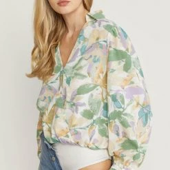 Entro Green Floral Print Surplice Long Sleeve Bodysuit