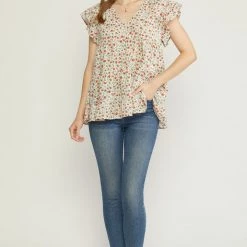 Entr NEW ARRIVALS Ivory And Floral V Neck Ruffle Sleeve Top
