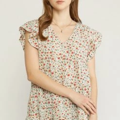 Entr NEW ARRIVALS Ivory And Floral V Neck Ruffle Sleeve Top