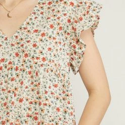 Entr NEW ARRIVALS Ivory And Floral V Neck Ruffle Sleeve Top