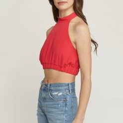 Entro Solid Red Mock Neck Cropped Top NEW ARRIVALS