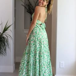 AaKaa NEW ARRIVALS Green Floral Multi Print Tiered Maxi Dress