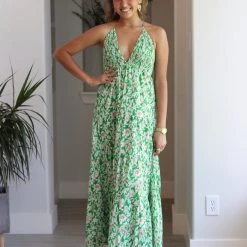 AaKaa NEW ARRIVALS Green Floral Multi Print Tiered Maxi Dress