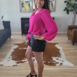 Tyche Fuchsia Colored Textured V Neck Top